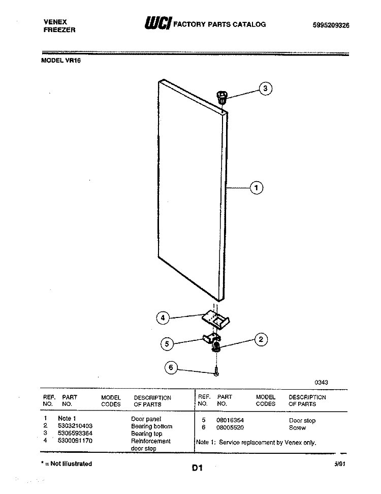 DOOR Diagram and Parts List for VR16  Frigidaire Freezer
