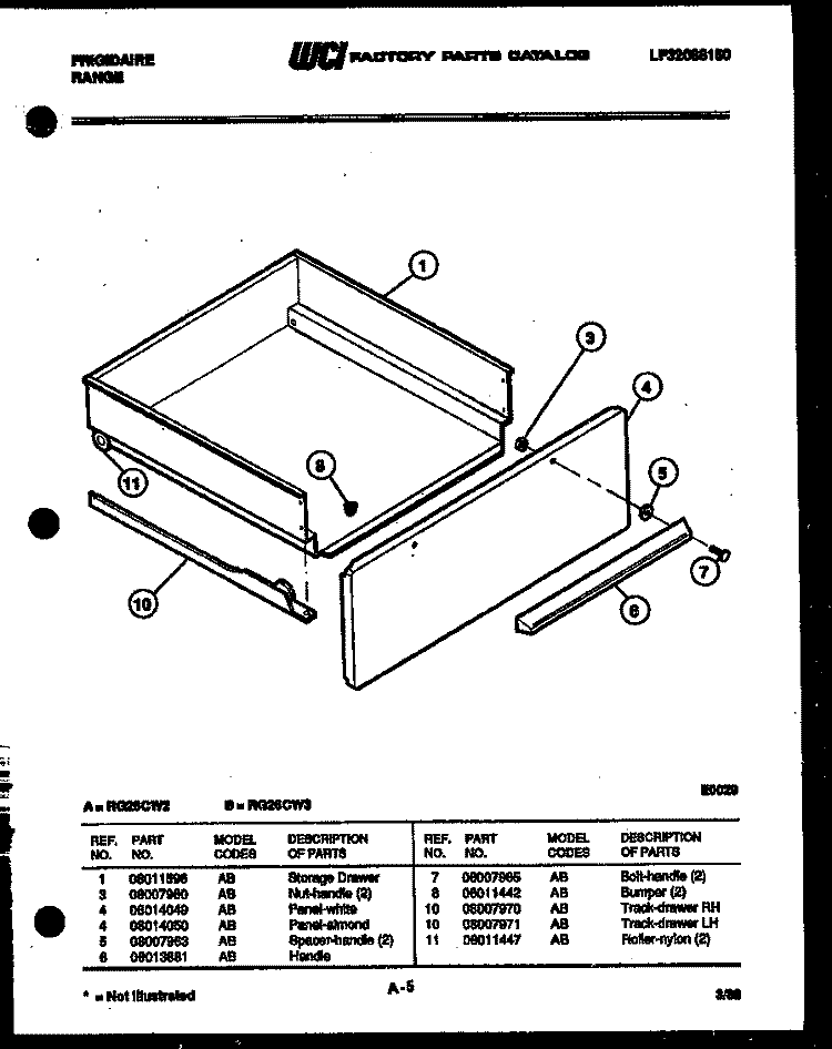 DRAWER PARTS Diagram and Parts List for RG26CW3  Frigidaire Range