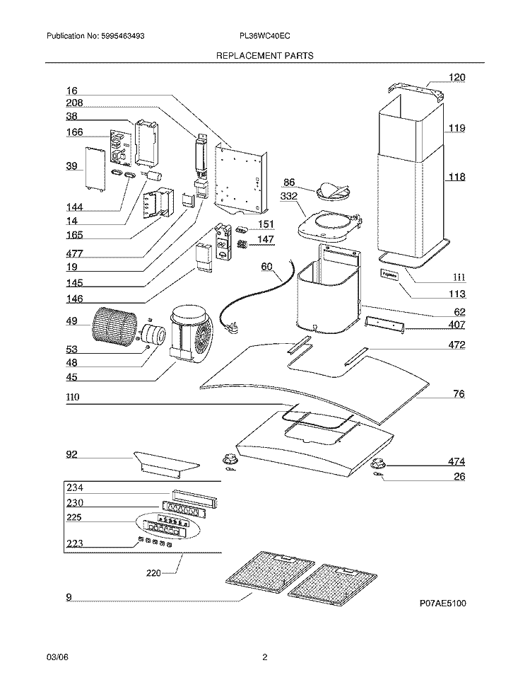 REPLACEMENT PARTS Diagram and Parts List for PL36WC40EC  Frigidaire Range Hood