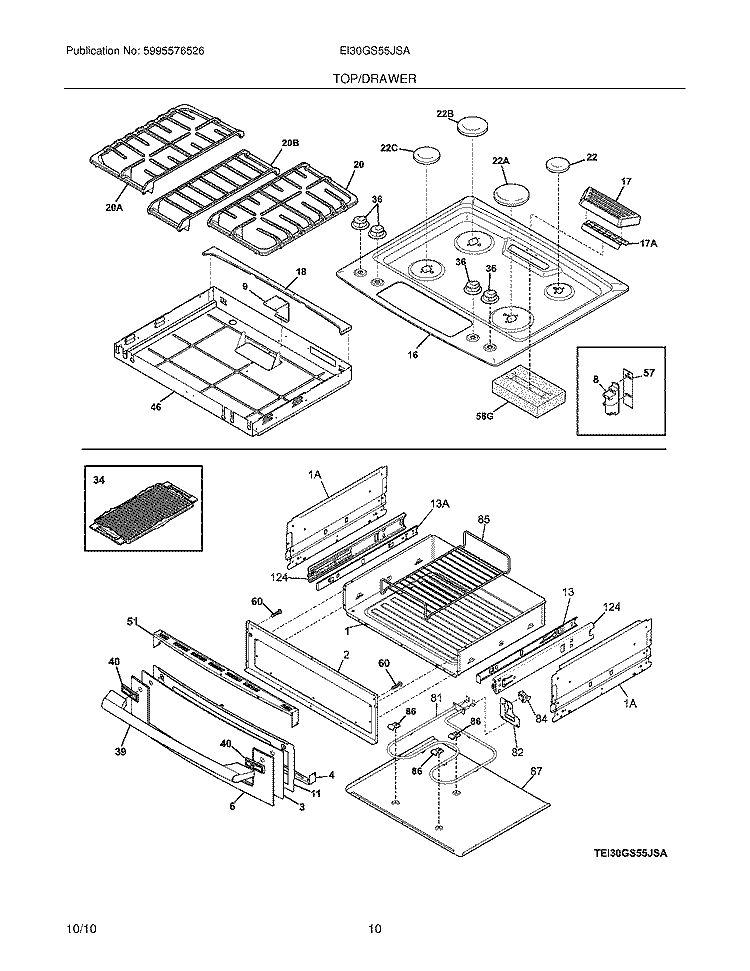 TOP/DRAWER Diagram and Parts List for EI30GS55JSA  Electrolux Range