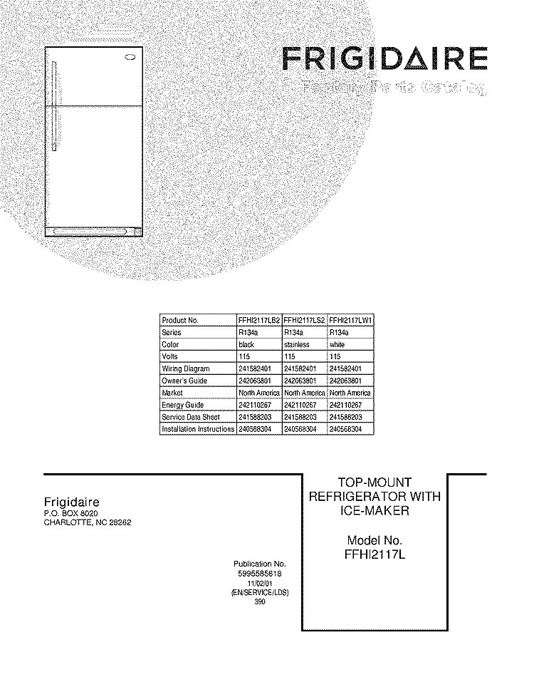 COVER Diagram and Parts List for FFHI2117LB2  Frigidaire Refrigerator