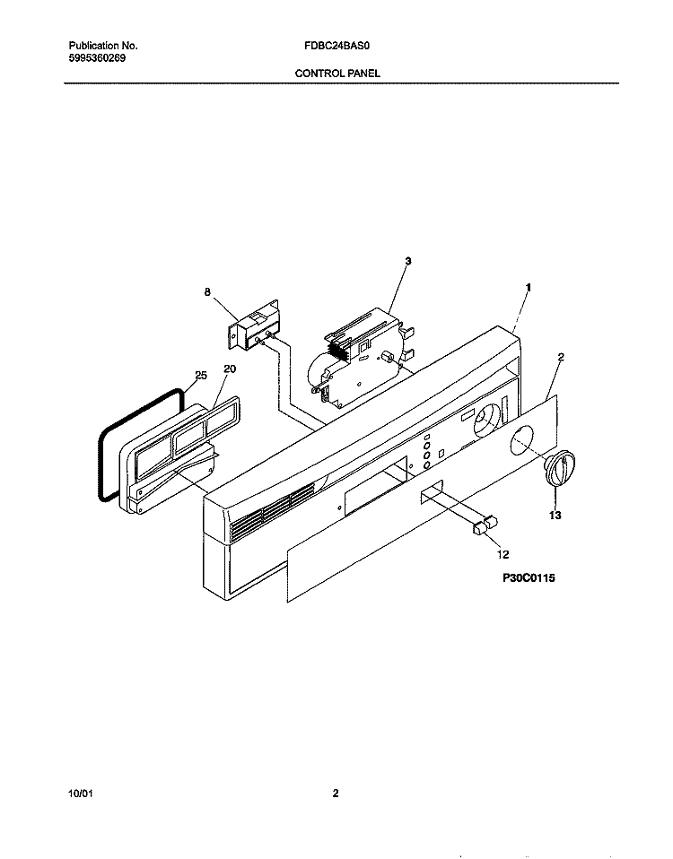 CONTROL PANEL Diagram and Parts List for FDBC24BAS0  Frigidaire Dishwasher