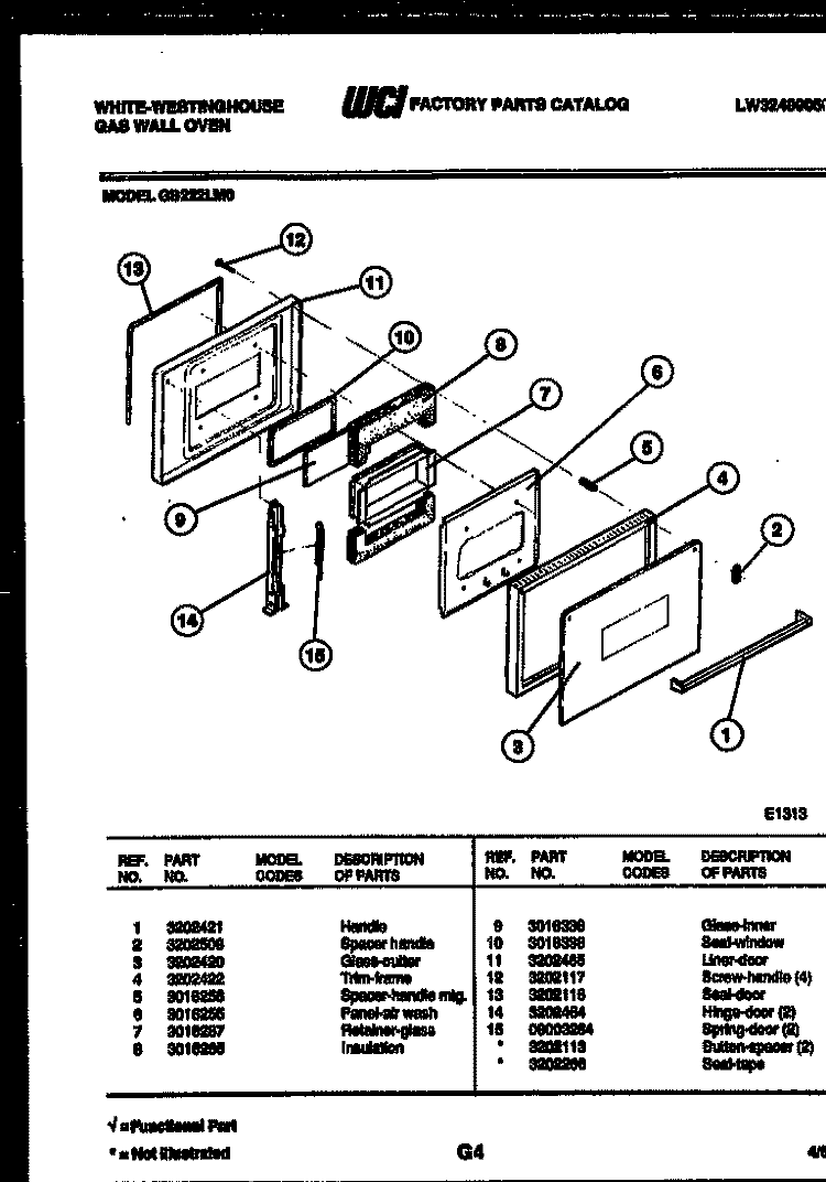 DOOR PARTS Diagram and Parts List for GB222LM0  Frigidaire Wall Oven