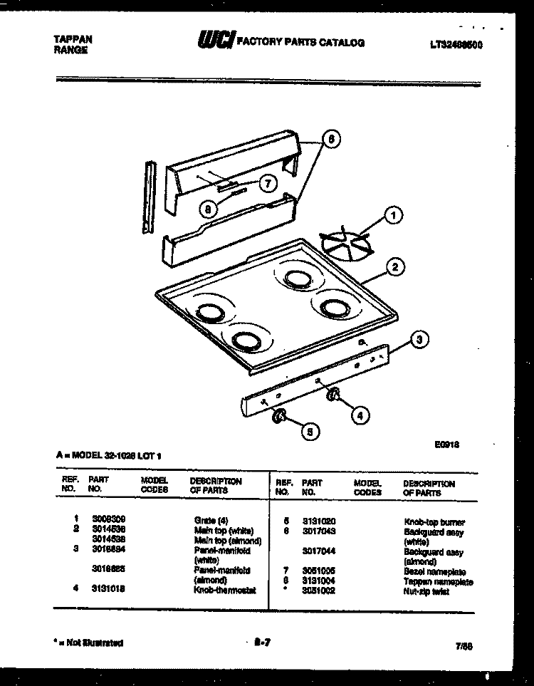 COOKTOP PARTS Diagram and Parts List for 32-1028-00-01  Tappan Range