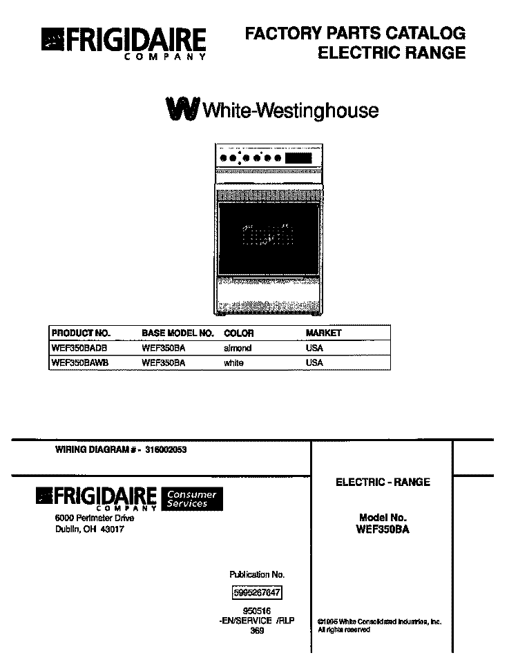 COVER Diagram and Parts List for WEF350BAWB  Frigidaire Range
