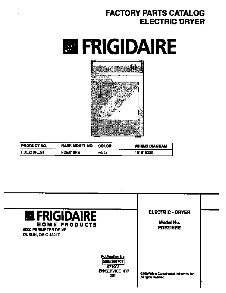 COVER Diagram and Parts List for FDE216RES1  Frigidaire Dryer