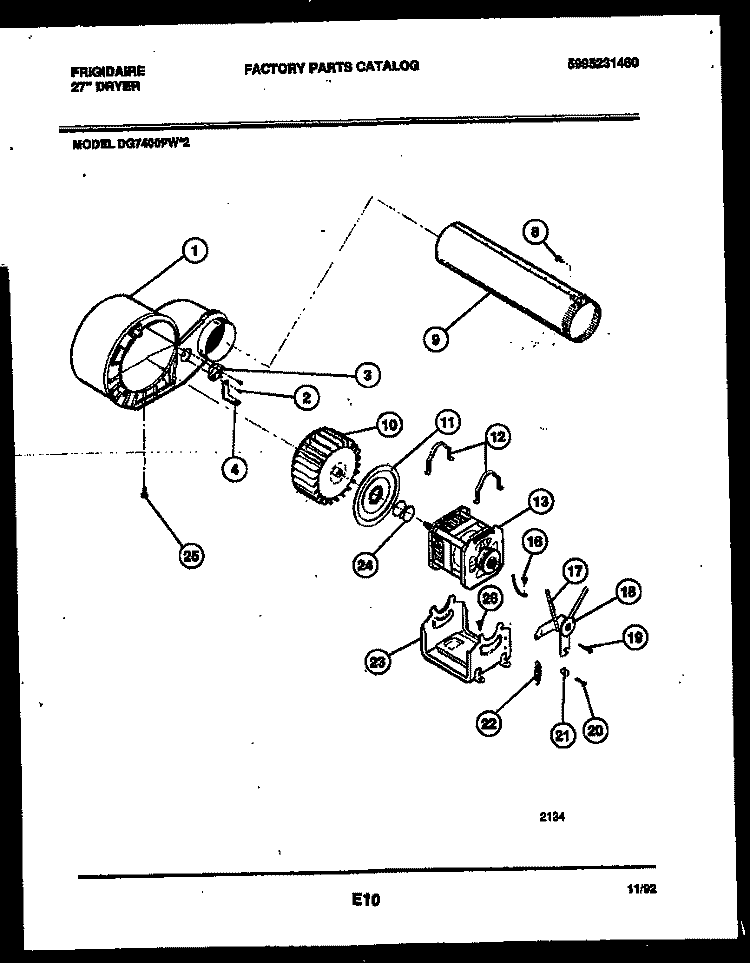 BLOWER AND DRIVE PARTS Diagram and Parts List for DG7400PW2  Frigidaire Dryer