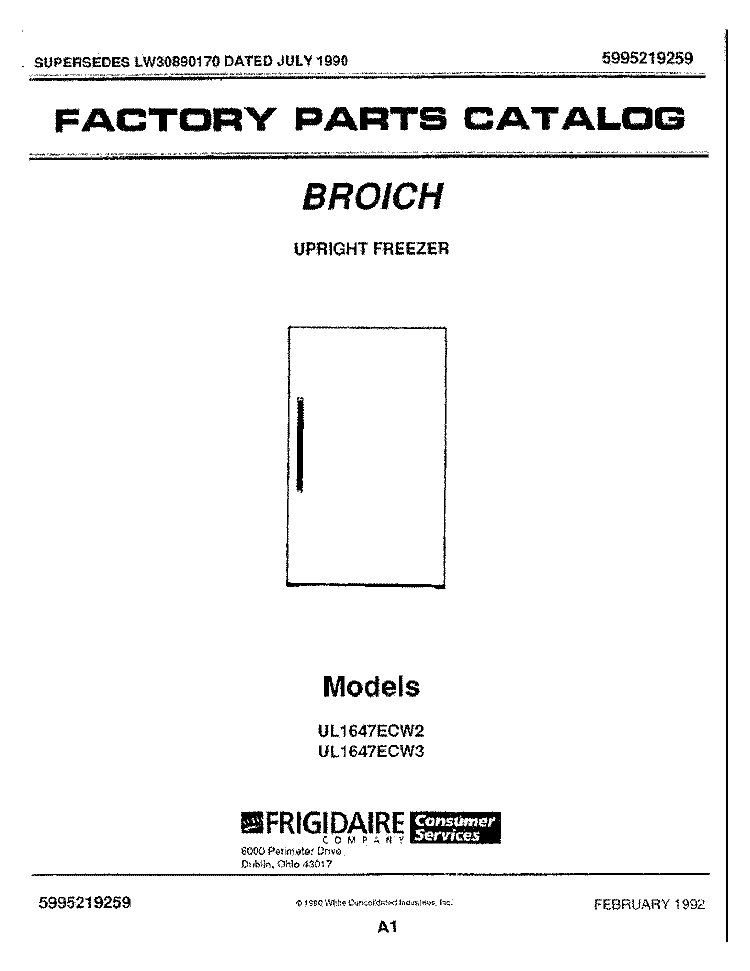 COVER Diagram and Parts List for UL1647ECW2  Frigidaire Freezer