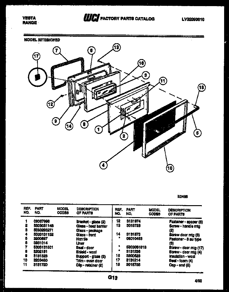 DOOR PARTS Diagram and Parts List for 30TESKWED1  Tappan Range