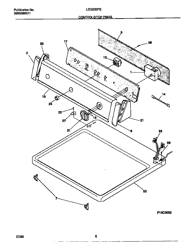 CONTROLS / TOP PANEL Diagram and Parts List for LDG333PEW0  Frigidaire Dryer