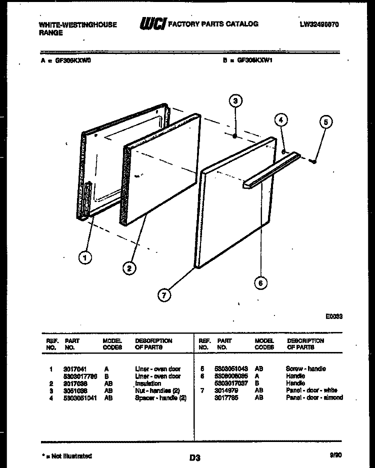 DOOR PARTS Diagram and Parts List for GF306KXD1  Frigidaire Range