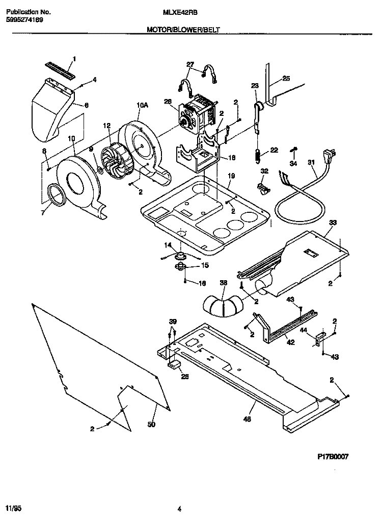MOTOR / BLOWER / BELT Diagram and Parts List for MLXE42RBD2  Frigidaire Washer Dryer Combo