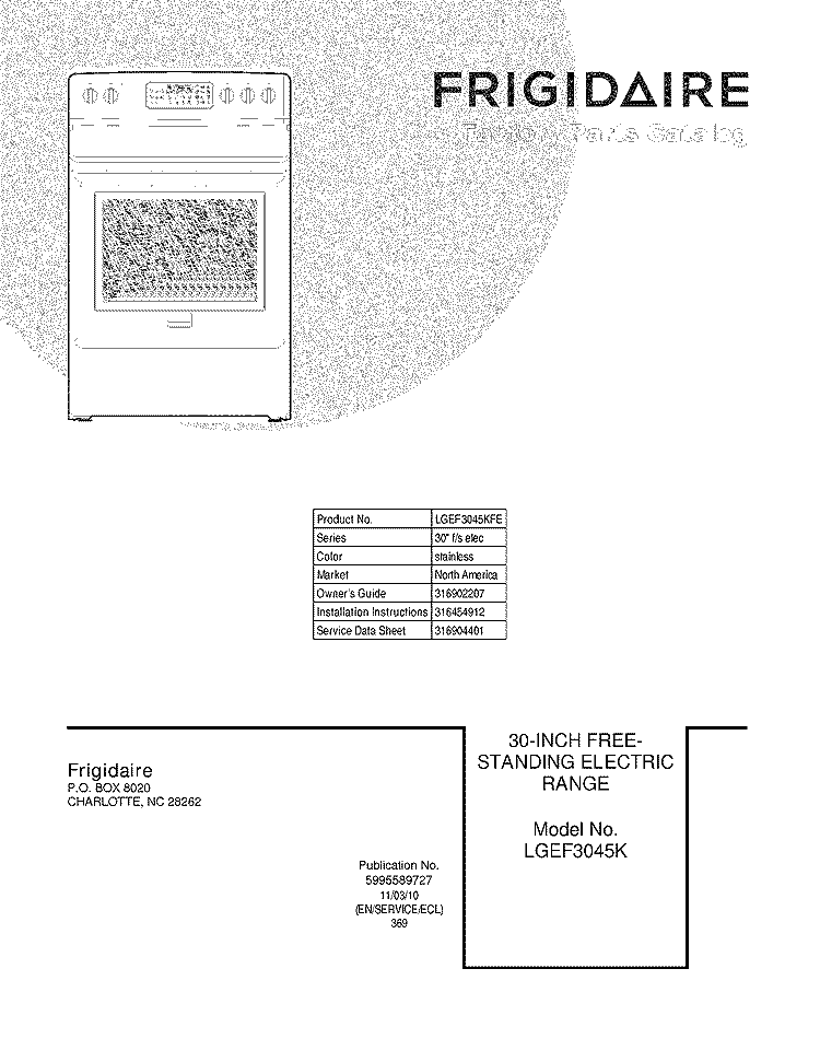 COVER Diagram and Parts List for LGEF3045KFE  Frigidaire Range