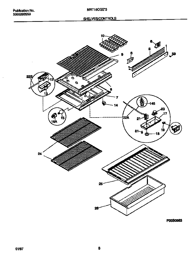 SHELVES / CONTROLS Diagram and Parts List for MRT16CGEW3  Frigidaire Refrigerator