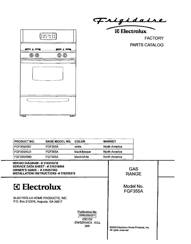 COVER Diagram and Parts List for FGF355AUD  Frigidaire Range