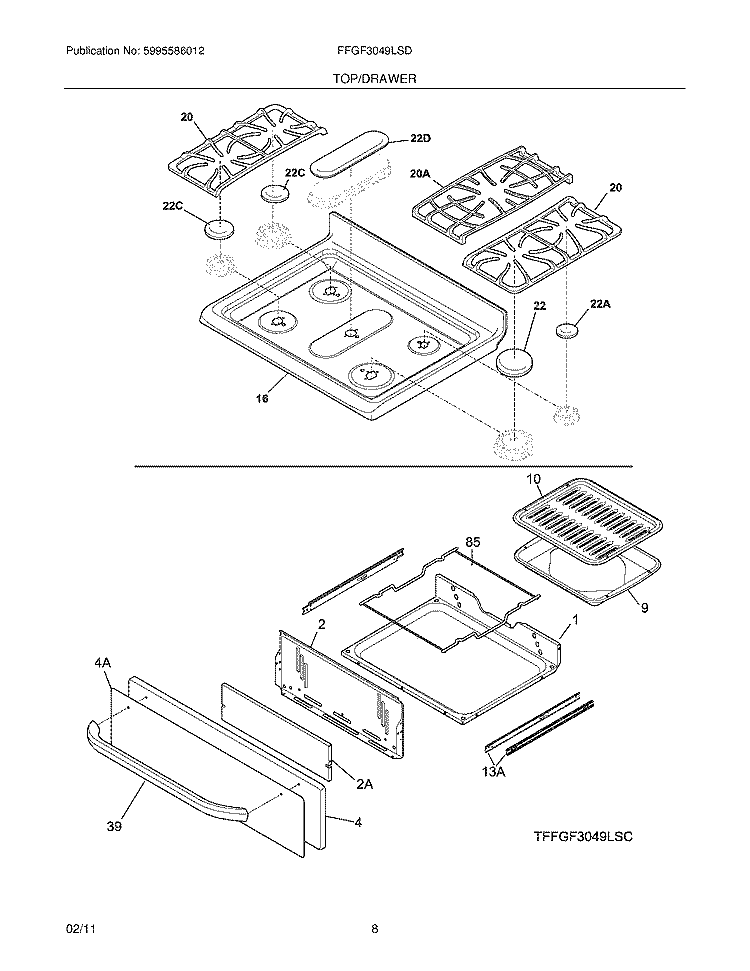 TOP/DRAWER Diagram and Parts List for FFGF3049LSD  Frigidaire Range