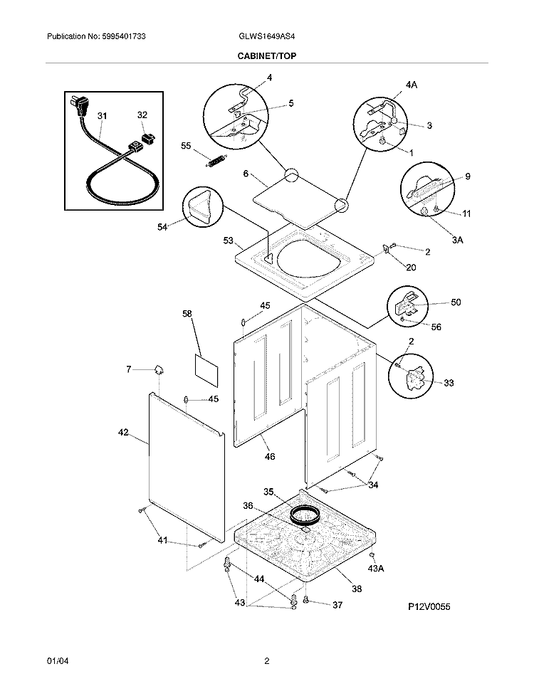 CABINET / TOP Diagram and Parts List for GLWS1649AS4  Frigidaire Washer