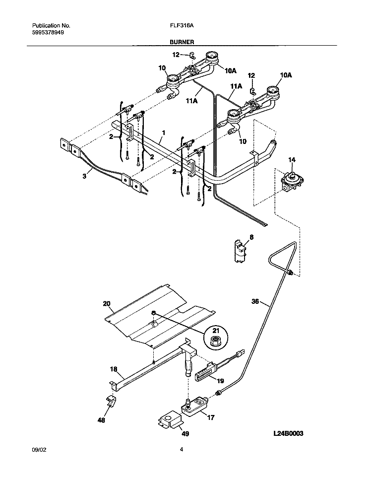 BURNER Diagram and Parts List for FLF316AQB  Frigidaire Range
