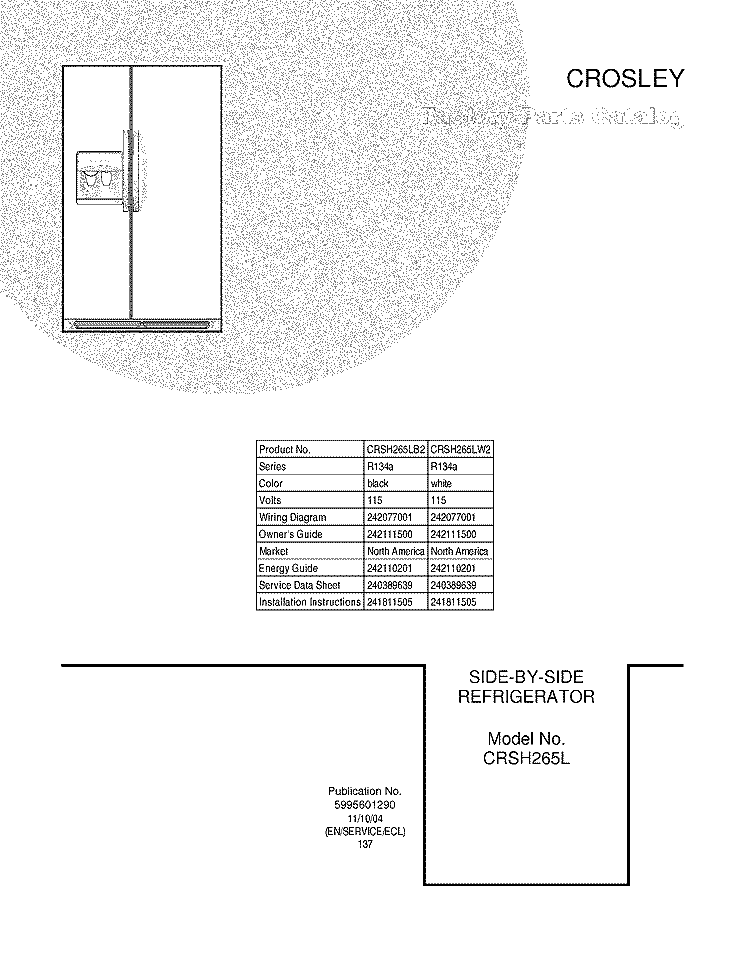 COVER Diagram and Parts List for CRSH265LB2  Frigidaire Refrigerator