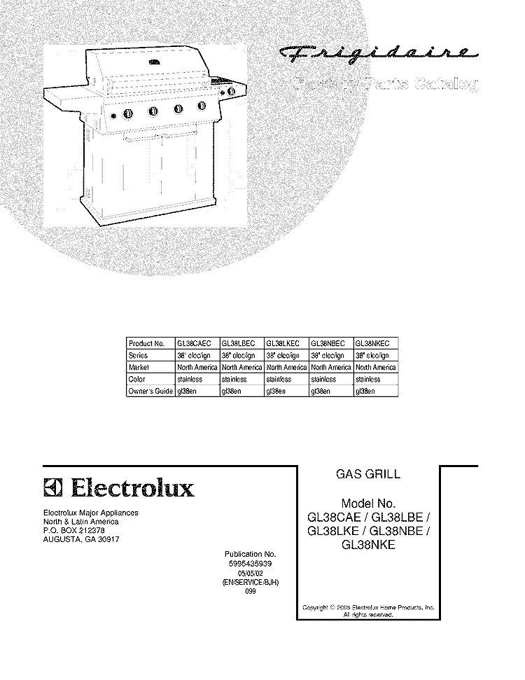 COVER Diagram and Parts List for GL38NKEC  Frigidaire Grill