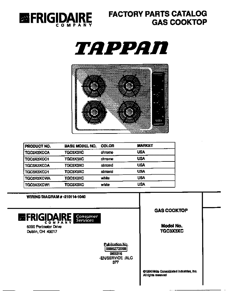COVER Diagram and Parts List for TGC3X3XCW1  Tappan Cooktop