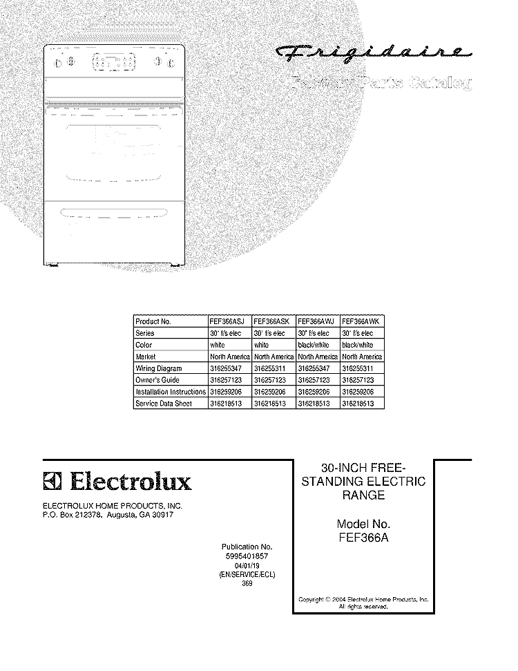 COVER Diagram and Parts List for FEF366AWJ  Frigidaire Range