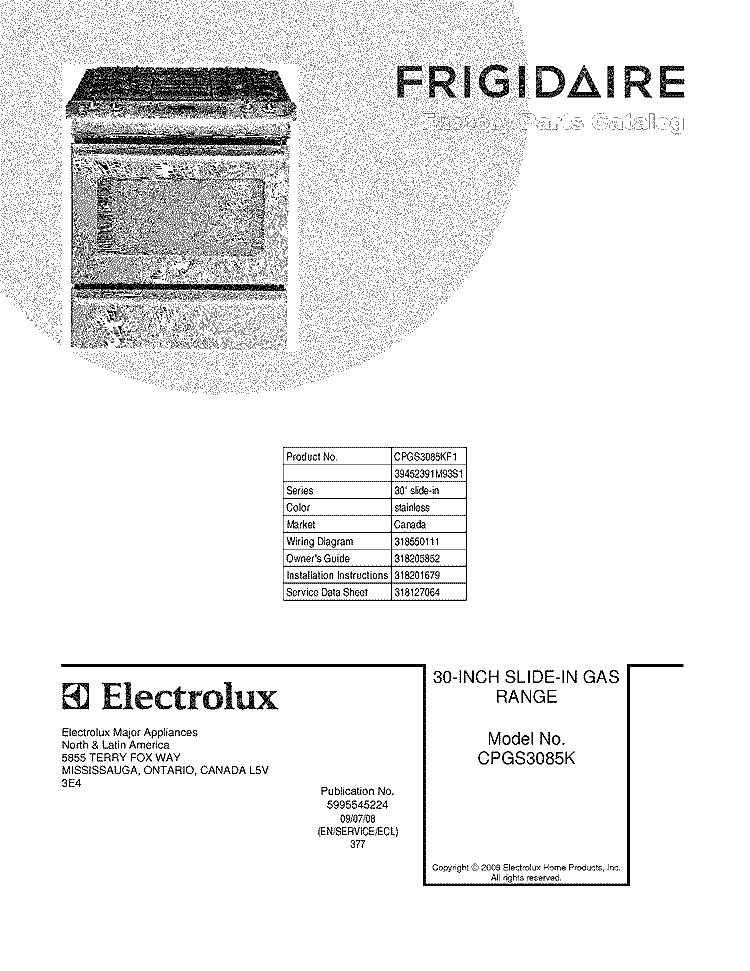 COVER Diagram and Parts List for CPGS3085KF1  Frigidaire Range