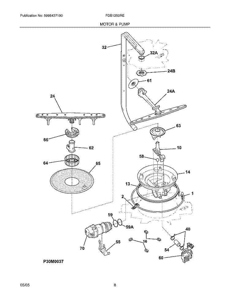MOTOR & PUMP Diagram and Parts List for FDB1250REB0  Frigidaire Dishwasher