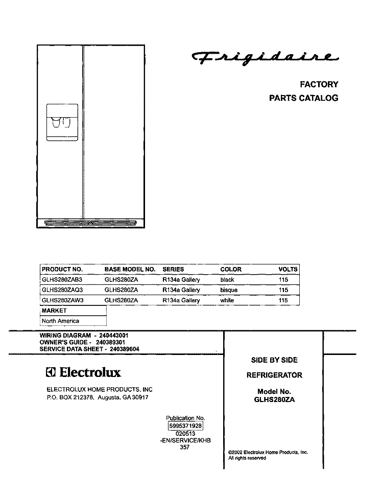COVER Diagram and Parts List for GLHS280ZAB3  Frigidaire Refrigerator