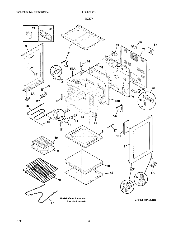 BODY Diagram and Parts List for FFEF3015LWB  Frigidaire Range