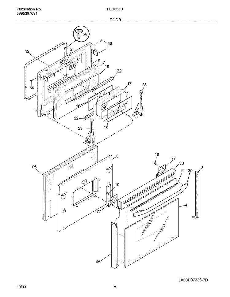 DOOR Diagram and Parts List for FES355DSA  Frigidaire Range