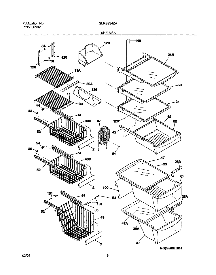 SHELVES Diagram and Parts List for GLRS234ZAW3  Frigidaire Refrigerator