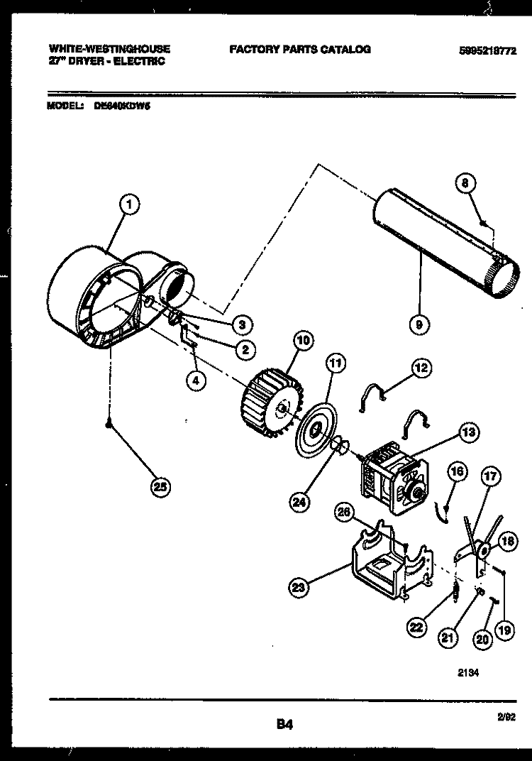 BLOWER AND DRIVE PARTS Diagram and Parts List for DE640KDW5  Frigidaire Dryer