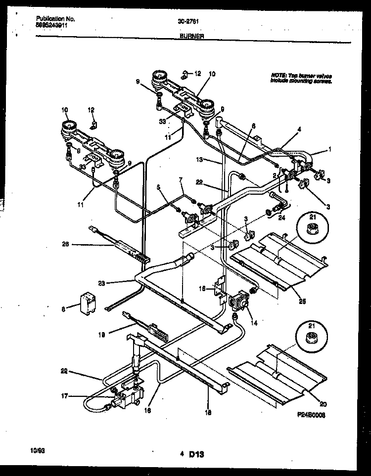 BURNER PARTS Diagram and Parts List for 30-2761-00-05  Tappan Range