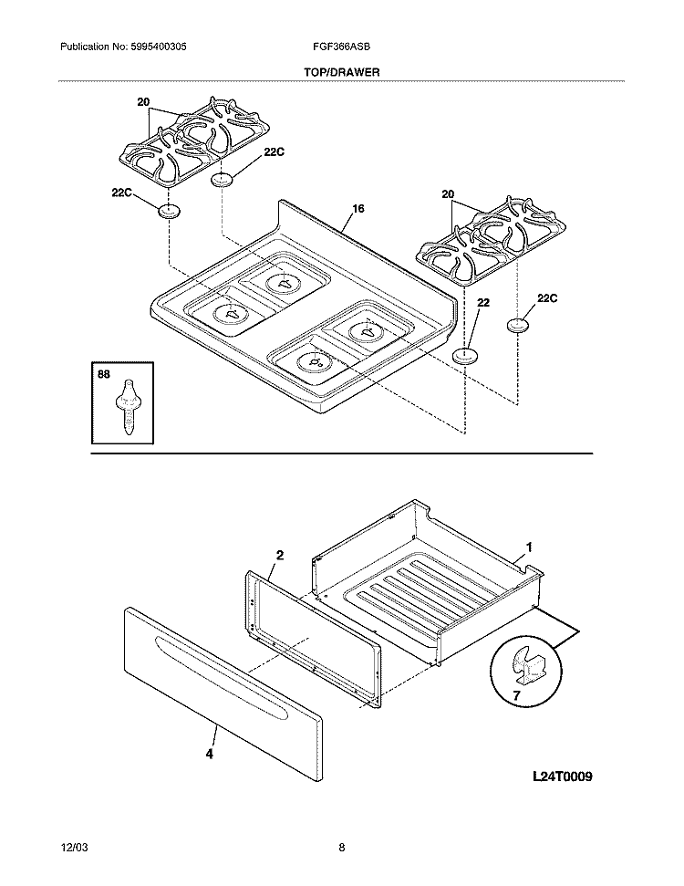 TOP / DRAWER Diagram and Parts List for FGF366ASB  Frigidaire Range