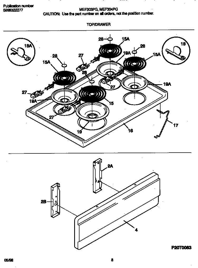 TOP / DRAWER Diagram and Parts List for MEF303PGWC  Frigidaire Range