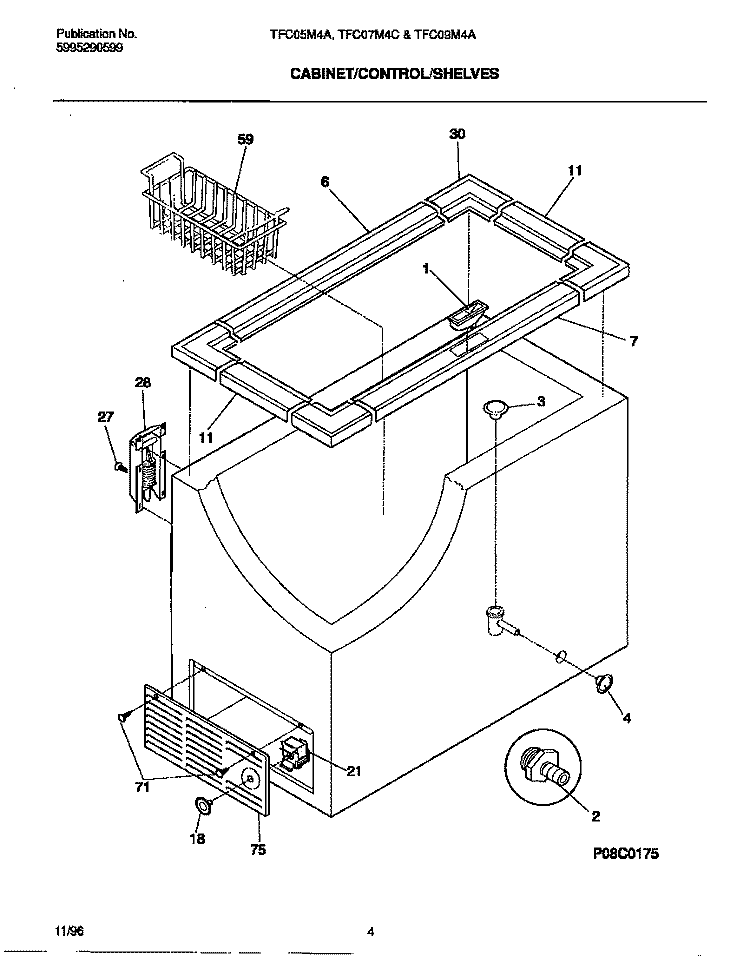 CABINET / CONTROL / SHELVES Diagram and Parts List for TFC07M4CW2  Tappan Freezer
