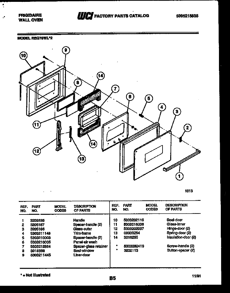 DOOR PARTS Diagram and Parts List for REG78WL2  Frigidaire Wall Oven