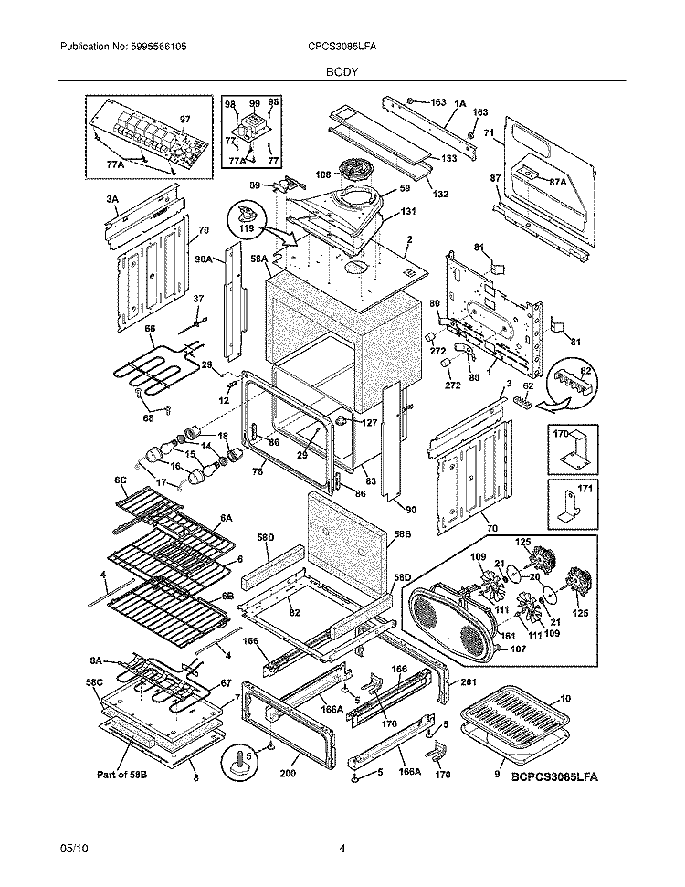 BODY Diagram and Parts List for CPCS3085LFA  Frigidaire Range