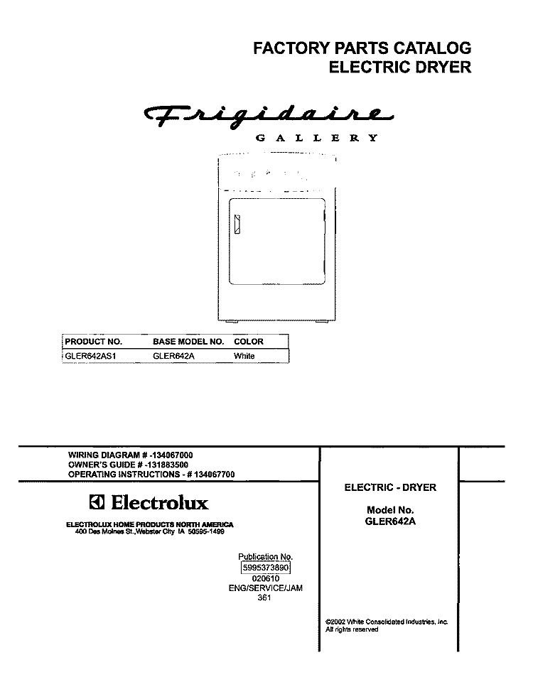 COVER Diagram and Parts List for GLER642AS1  Frigidaire Dryer