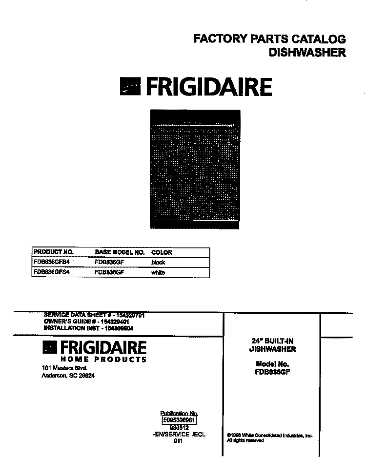 COVER Diagram and Parts List for FDB836GFB4  Frigidaire Dishwasher
