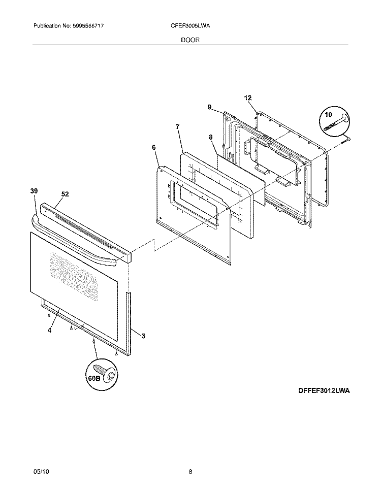 DOOR Diagram and Parts List for CFEF3005LWA  Frigidaire Range
