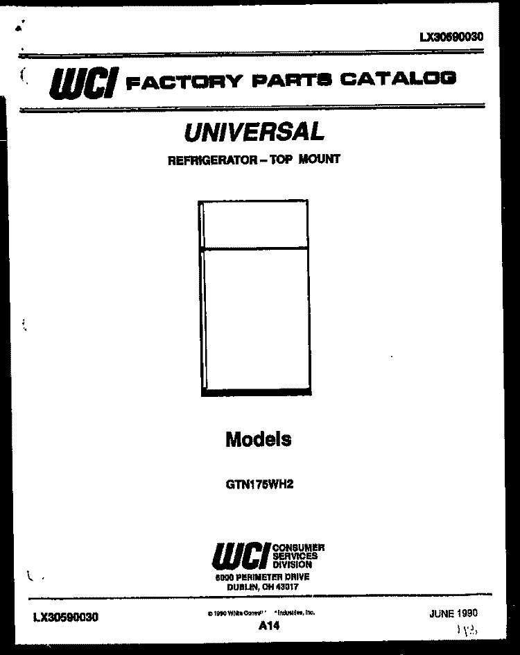 COVER Diagram and Parts List for GTN175CH2  Frigidaire Refrigerator