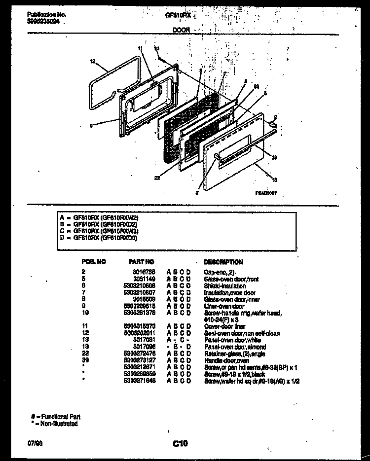 DOOR PARTS Diagram and Parts List for GF610RXW2  Frigidaire Range