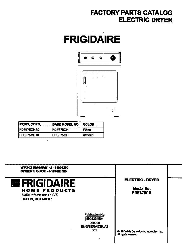 COVER Diagram and Parts List for FDE875GHT0  Frigidaire Dryer