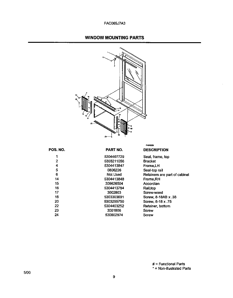 WINDOW MOUNTING PARTS Diagram and Parts List for FAC065J7A3  Frigidaire Air Conditioner