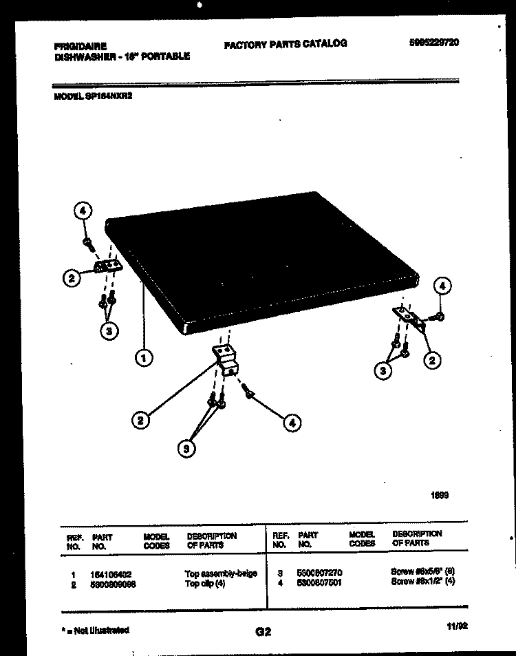 TOP ASSEMBLY Diagram and Parts List for SP184NXR2  Frigidaire Dishwasher