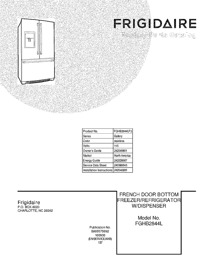 COVER Diagram and Parts List for FGHB2844LF3  Frigidaire Refrigerator