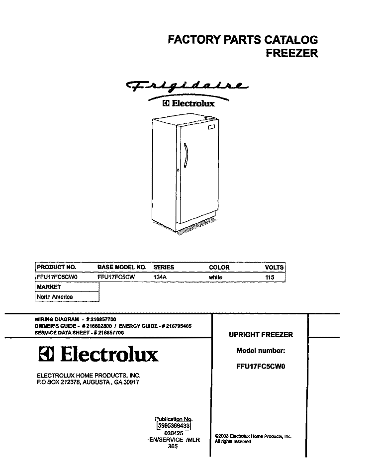 COVER Diagram and Parts List for FFU17FC5CW0  Frigidaire Freezer