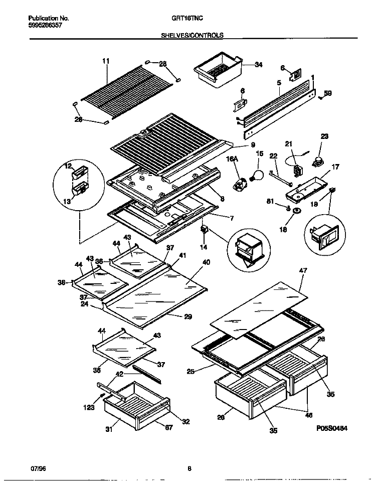 SHELVES / CONTROLS Diagram and Parts List for GRT18TNCD3  Gibson Refrigerator